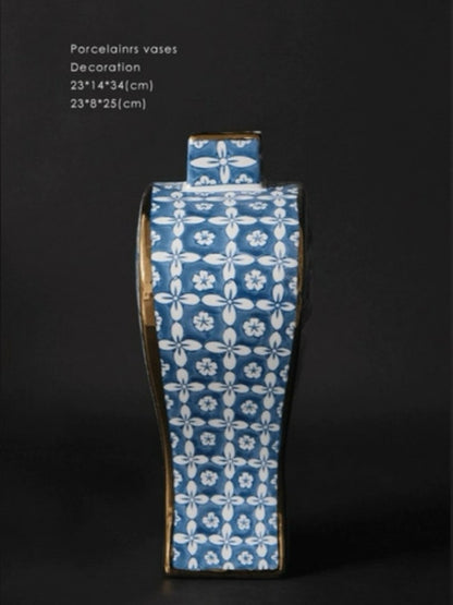Artistic Blue and White Porcelain Vase Set with Gold Detailing - Chic Chambers