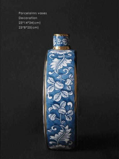 Artistic Blue and White Porcelain Vase Set with Gold Detailing - Chic Chambers