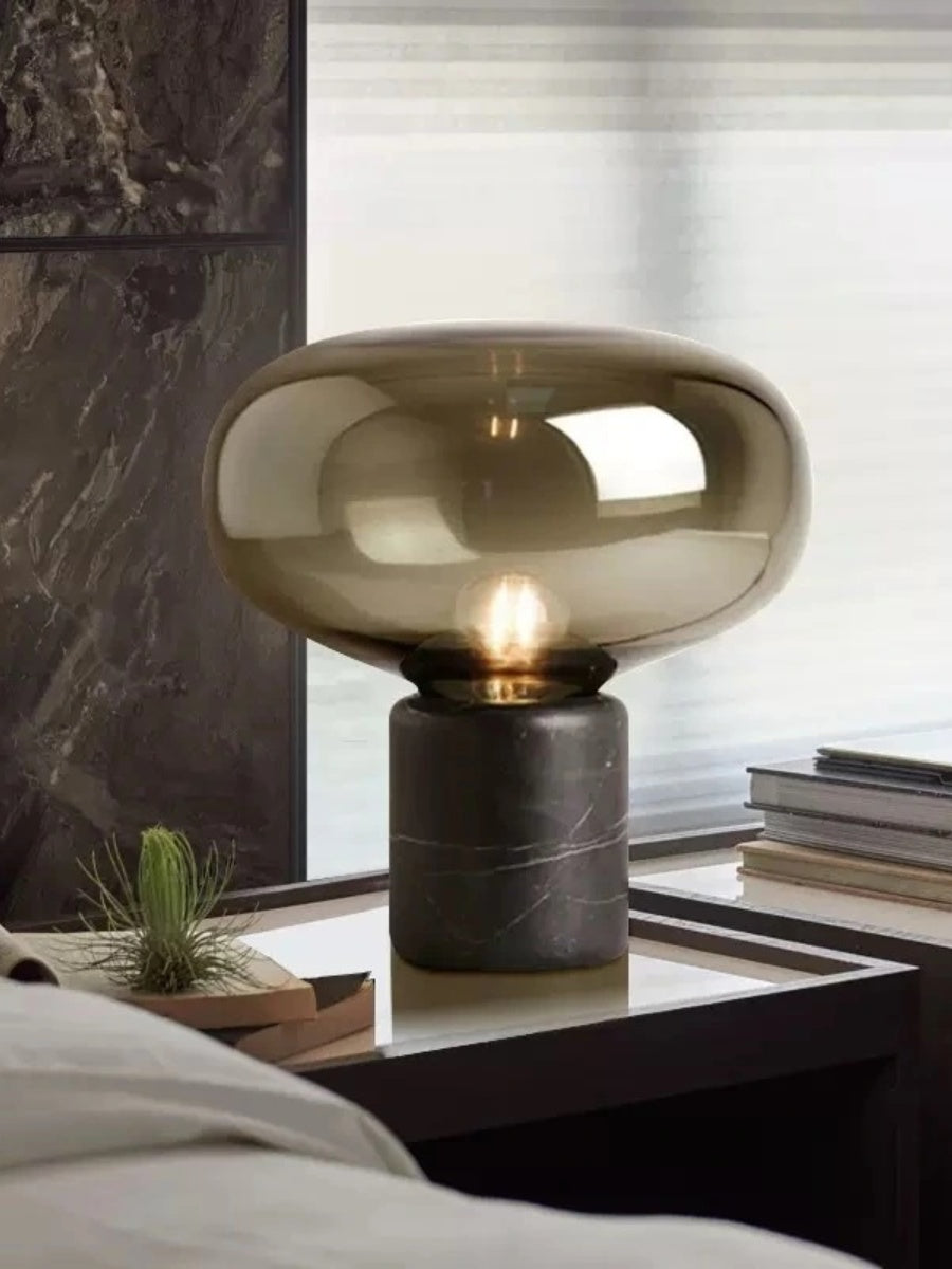 Modern Minimalist Designer Marble Table Lamp with Amber Glass Shade - Chic Chambers