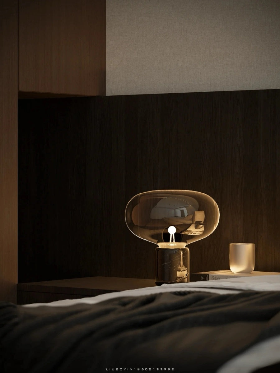 Modern Minimalist Designer Marble Table Lamp with Amber Glass Shade - Chic Chambers
