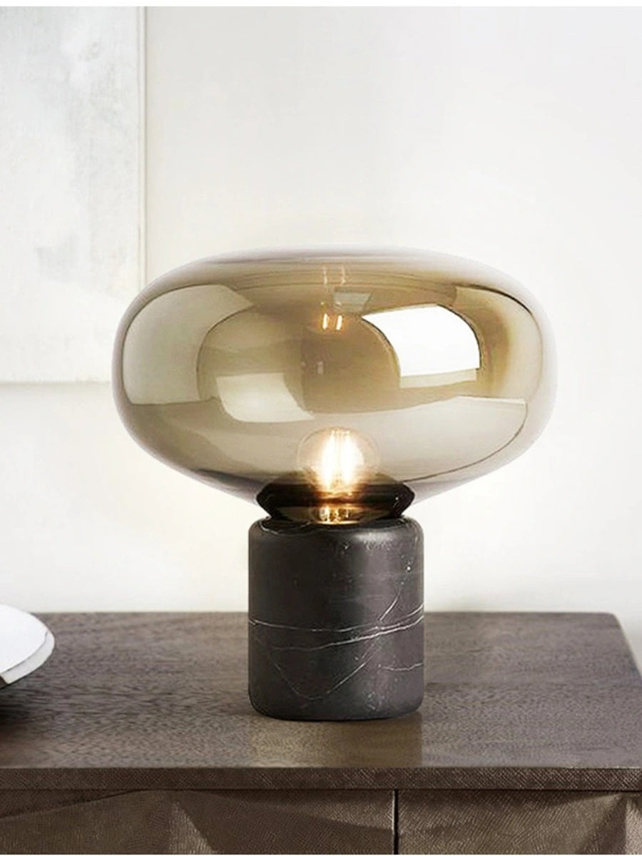 Modern Minimalist Designer Marble Table Lamp with Amber Glass Shade - Chic Chambers