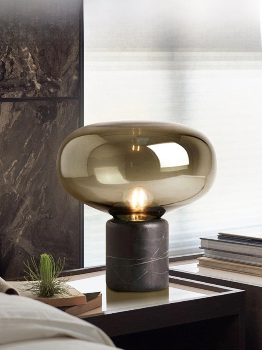 Modern Minimalist Designer Marble Table Lamp with Amber Glass Shade - Chic Chambers
