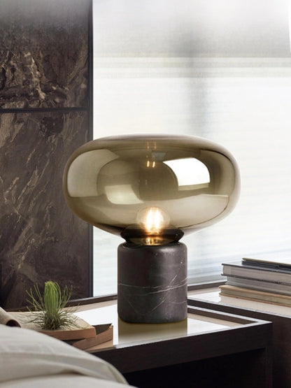 Modern Minimalist Designer Marble Table Lamp with Amber Glass Shade - Chic Chambers