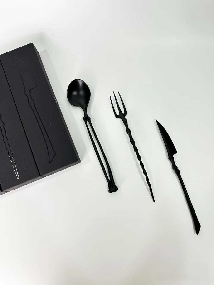 Matte Black Spine Inspired Flatware Set 316 Stainless Steel Knife Fork Spoon Gift Box - Chic Chambers
