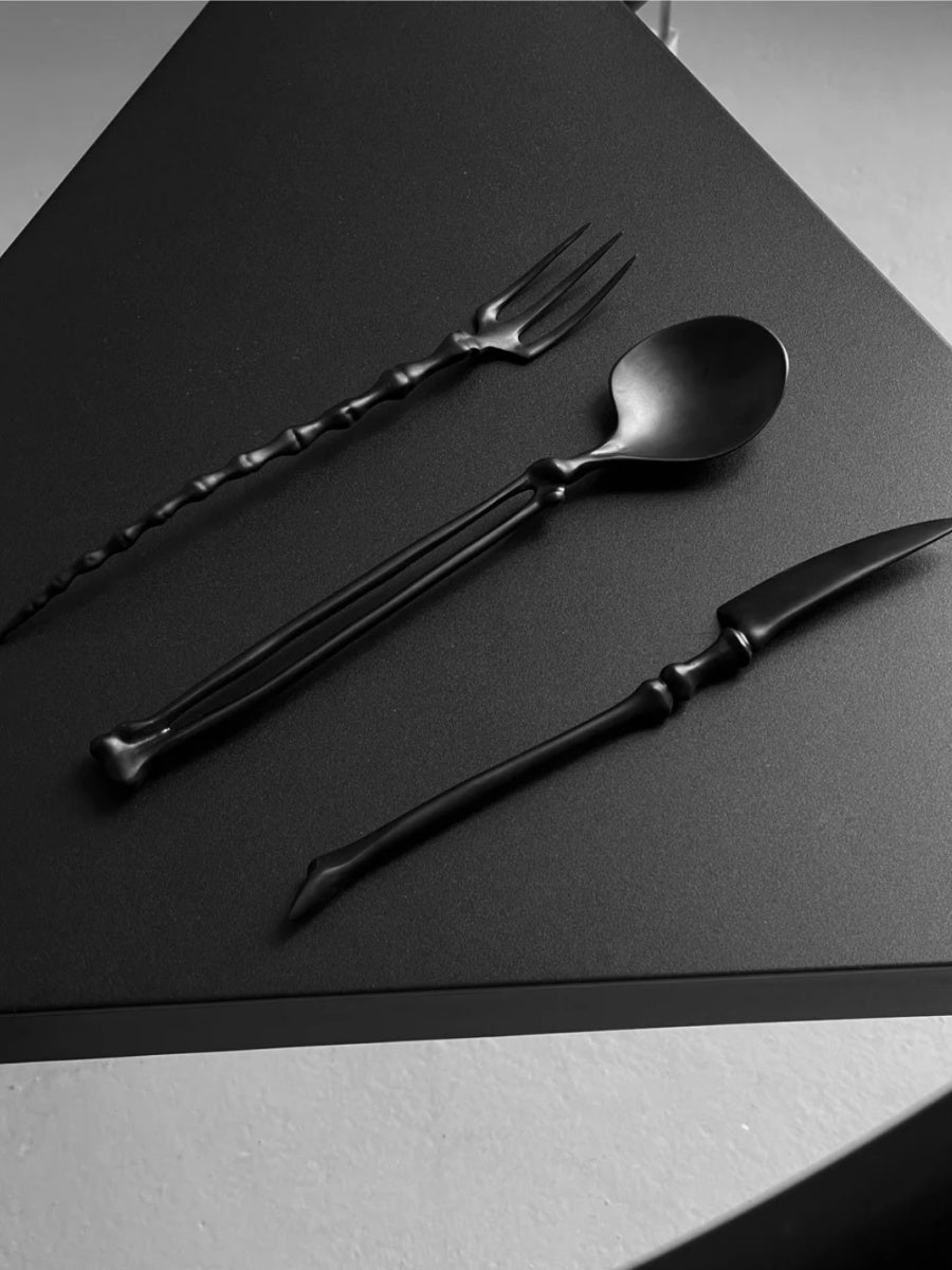 Matte Black Spine Inspired Flatware Set 316 Stainless Steel Knife Fork Spoon Gift Box - Chic Chambers