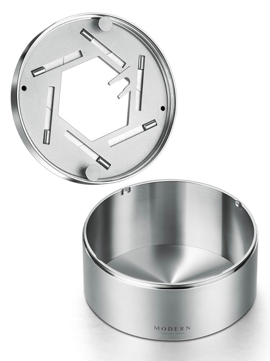 Modern Rotating Lid Stainless Steel Ashtray with Hand-Polished Finish - Chic Chambers