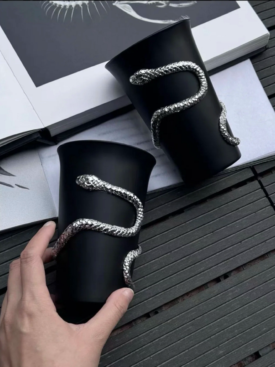 The Whispering Coil Black Glass Cup with Snake Detail– Single or Pair with Gift Box - Chic Chambers