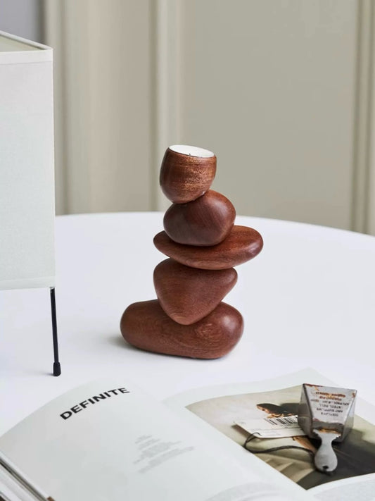 Balancing Stone Sculpture Wooden Candle Holder Zen-Inspired Art Object - Chic Chambers