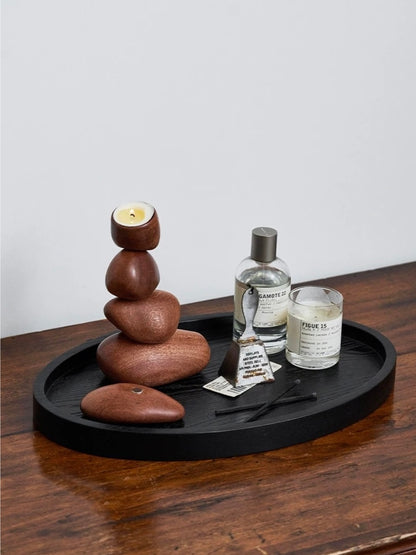 Balancing Stone Sculpture Wooden Candle Holder Zen-Inspired Art Object - Chic Chambers