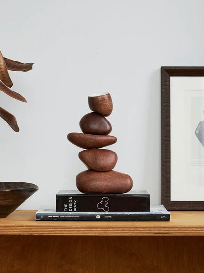 Balancing Stone Sculpture Wooden Candle Holder Zen-Inspired Art Object - Chic Chambers