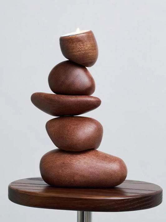 Balancing Stone Sculpture Wooden Candle Holder Zen-Inspired Art Object - Chic Chambers