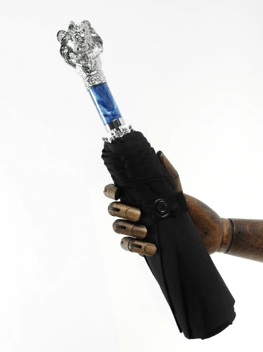 Silver Lion Head Folding Umbrella with Zinc Alloy Handle - Chic Chambers