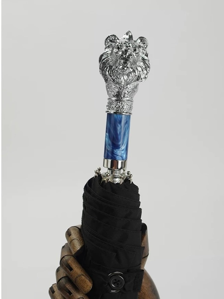 Silver Lion Head Folding Umbrella with Zinc Alloy Handle - Chic Chambers
