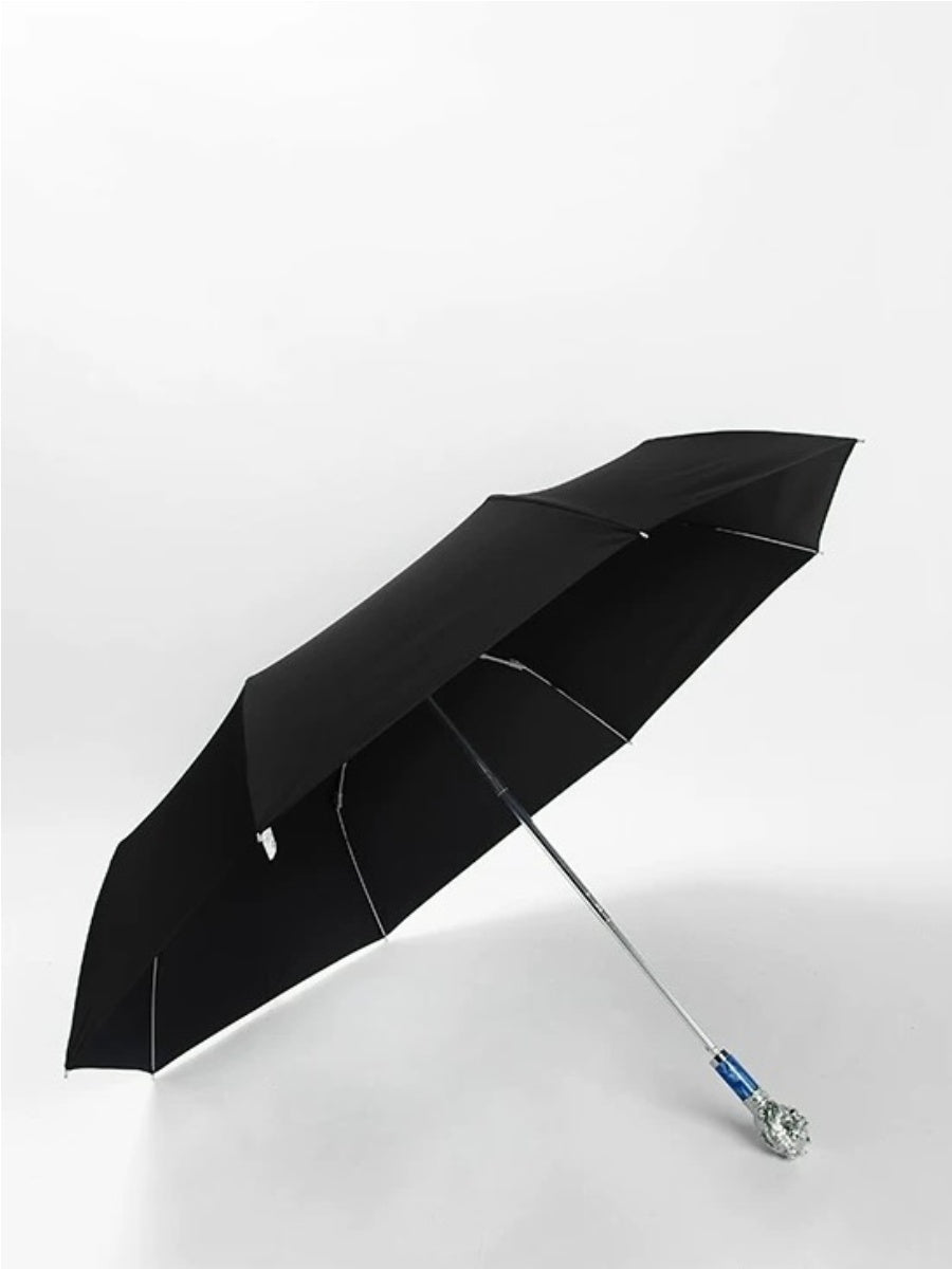 Silver Lion Head Folding Umbrella with Zinc Alloy Handle - Chic Chambers