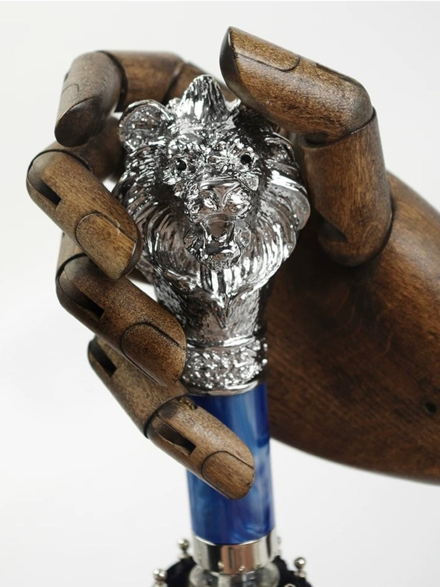 Silver Lion Head Folding Umbrella with Zinc Alloy Handle - Chic Chambers