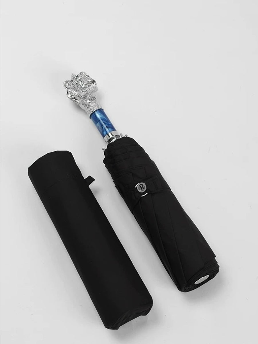 Silver Lion Head Folding Umbrella with Zinc Alloy Handle - Chic Chambers