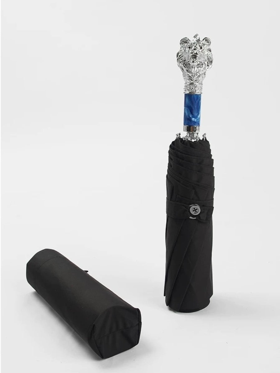 Silver Lion Head Folding Umbrella with Zinc Alloy Handle - Chic Chambers