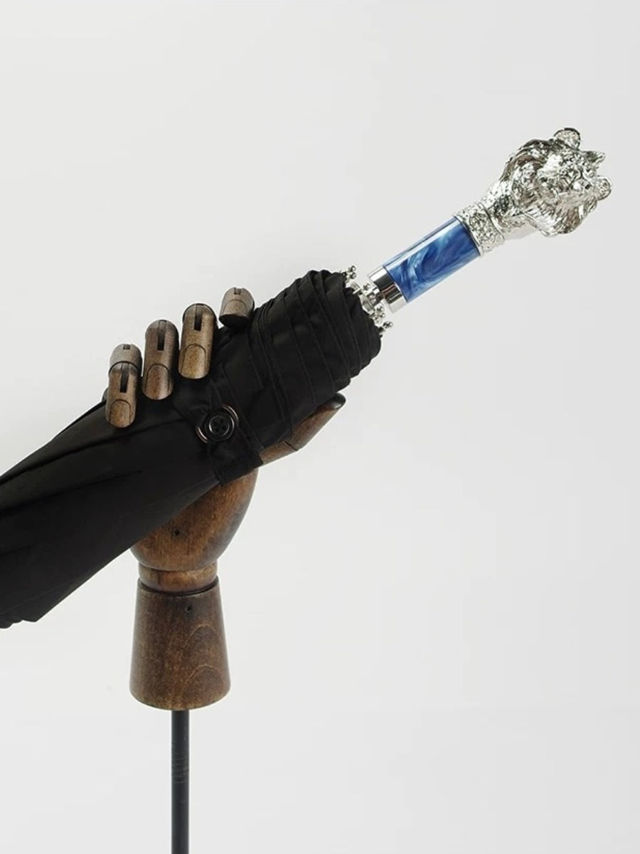 Silver Lion Head Folding Umbrella with Zinc Alloy Handle - Chic Chambers