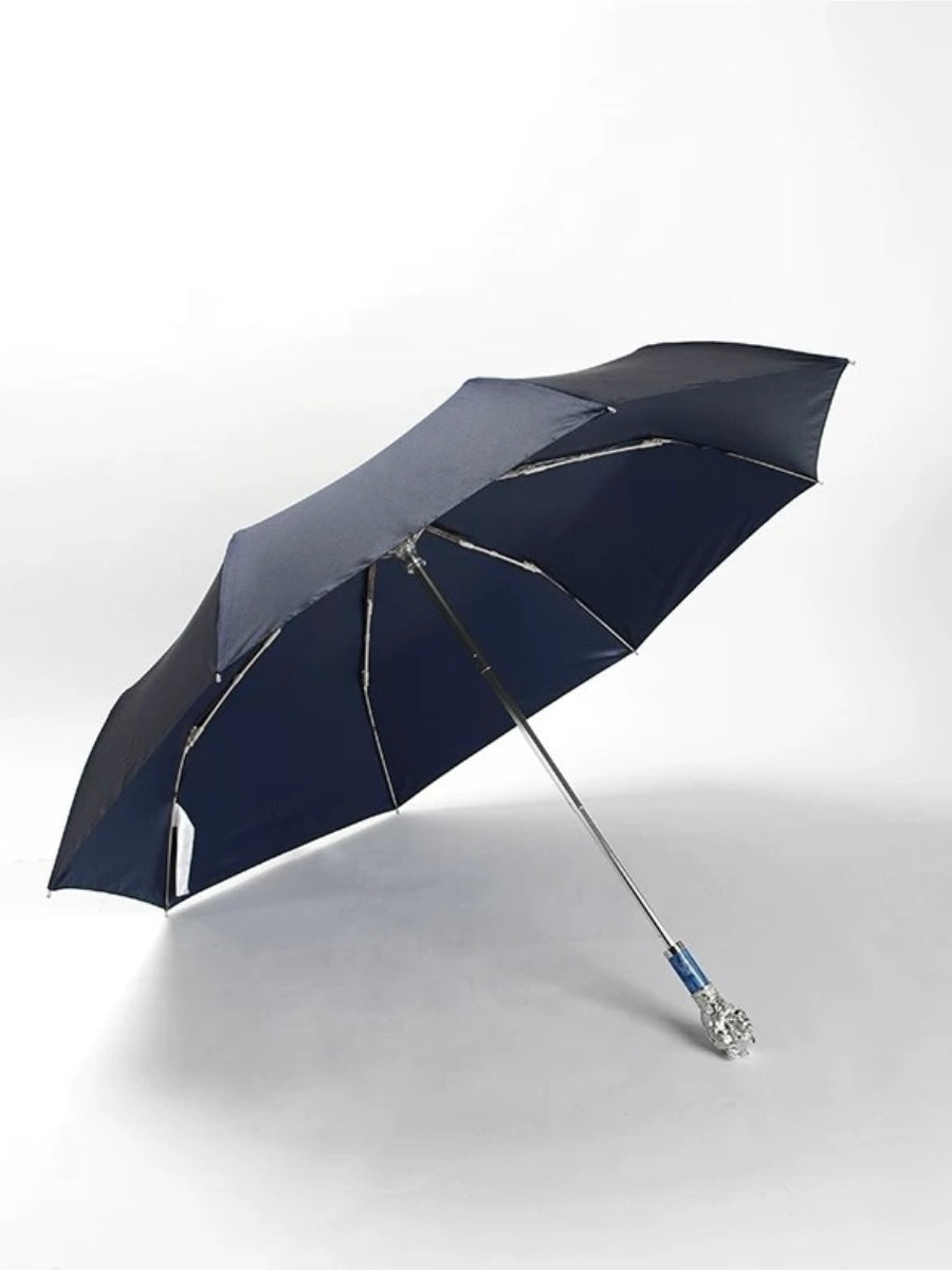 Silver Lion Head Folding Umbrella with Zinc Alloy Handle - Chic Chambers
