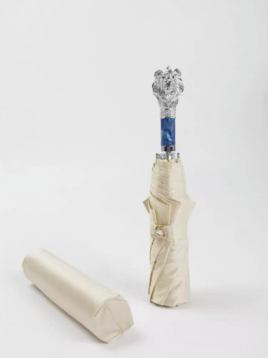 Silver Lion Head Folding Umbrella with Zinc Alloy Handle - Chic Chambers