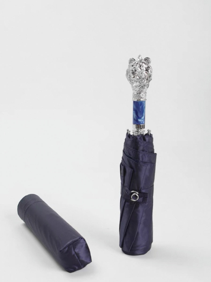 Silver Lion Head Folding Umbrella with Zinc Alloy Handle - Chic Chambers