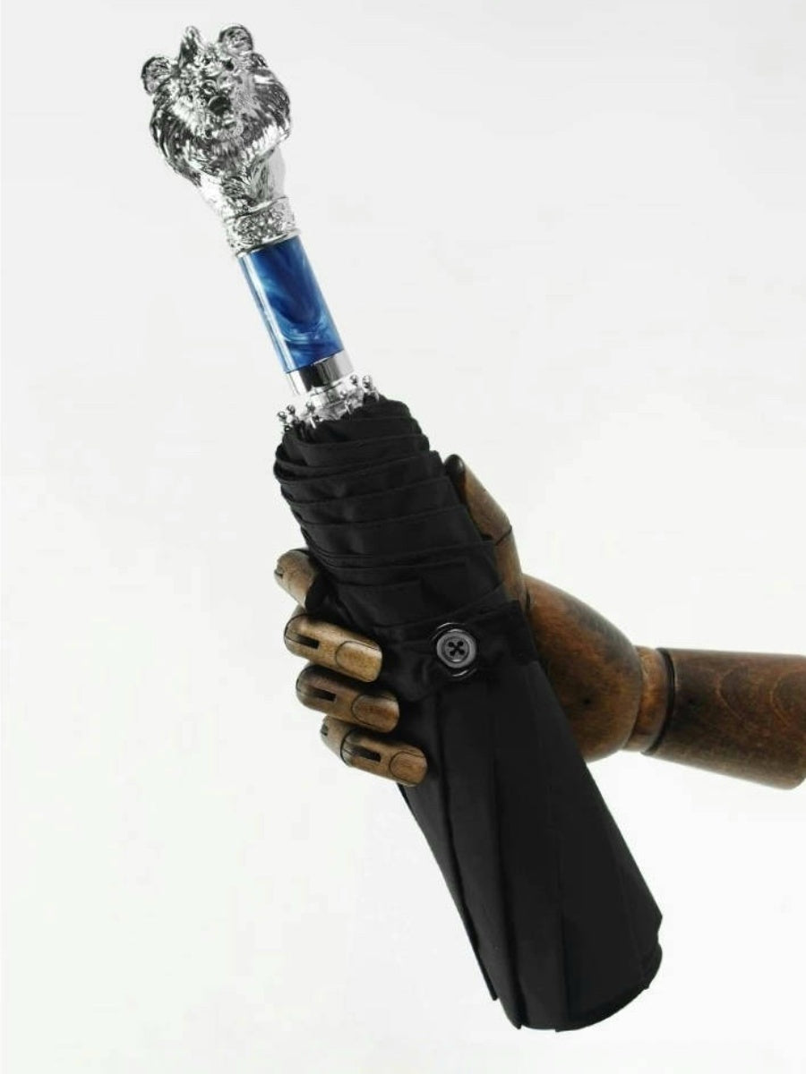Silver Lion Head Folding Umbrella with Zinc Alloy Handle - Chic Chambers