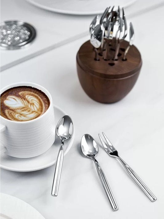 Egg-Shaped Luxury Dessert Fork and Spoon Set with Walnut Wood Base - Chic Chambers