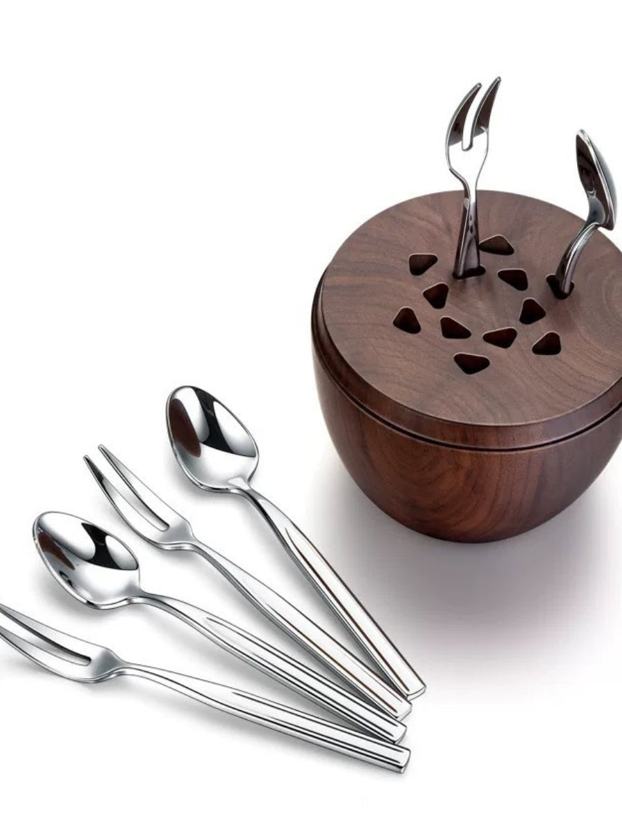 Egg-Shaped Luxury Dessert Fork and Spoon Set with Walnut Wood Base - Chic Chambers