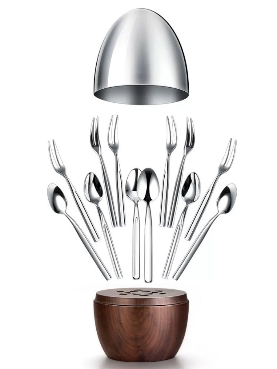 Egg-Shaped Luxury Dessert Fork and Spoon Set with Walnut Wood Base - Chic Chambers