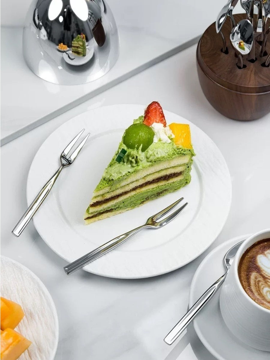 Egg-Shaped Luxury Dessert Fork and Spoon Set with Walnut Wood Base - Chic Chambers